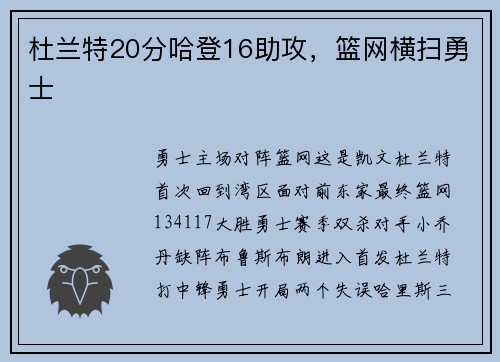 杜兰特20分哈登16助攻，篮网横扫勇士